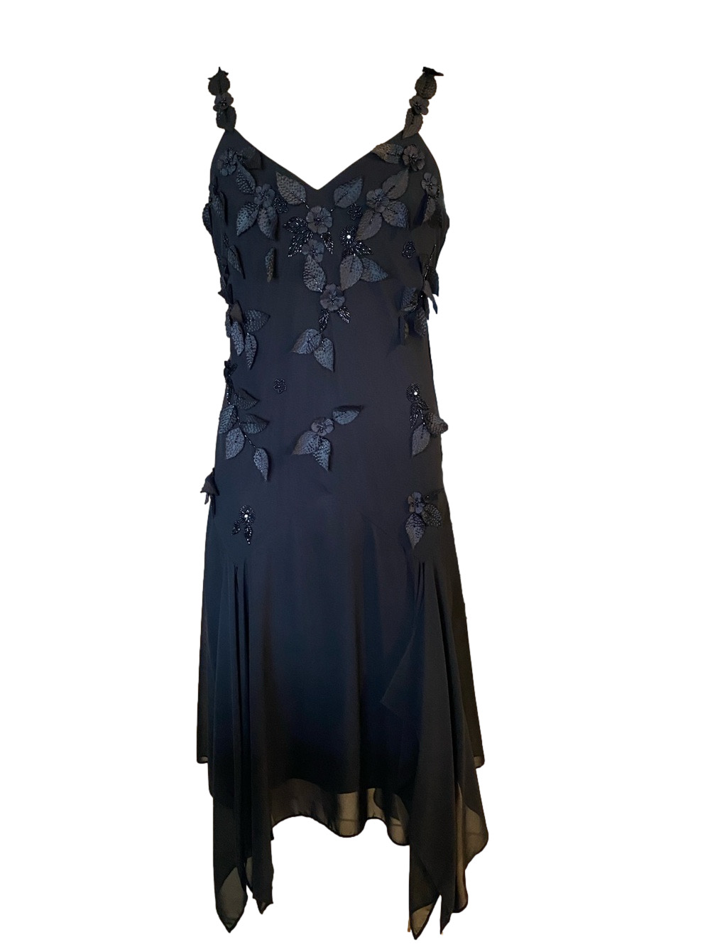 Black High-Low Evening Dress with Floral Appliqué